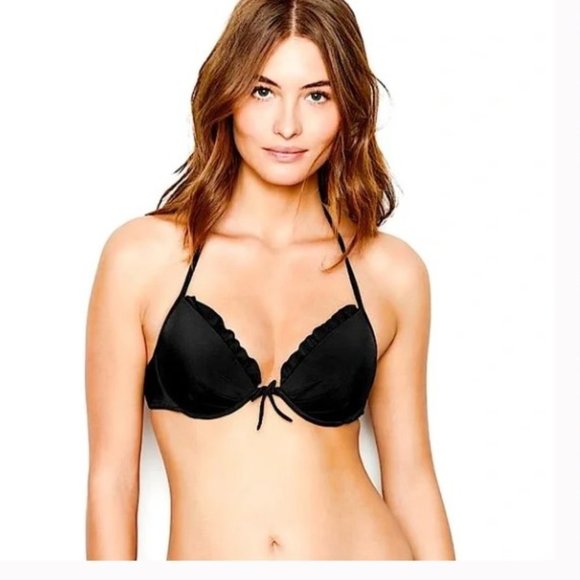 32C/S VICTORIAS SECRET Swim Push-Up Top Bikini Set Ruffle Cheeky Bottom Black - Picture 6 of 11